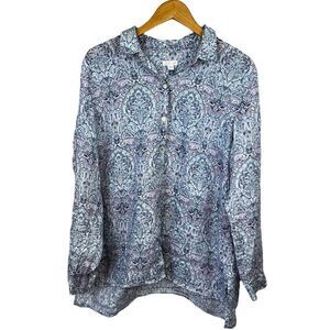 J Jill Love Linen Blue Purple Button up Shirt Size L